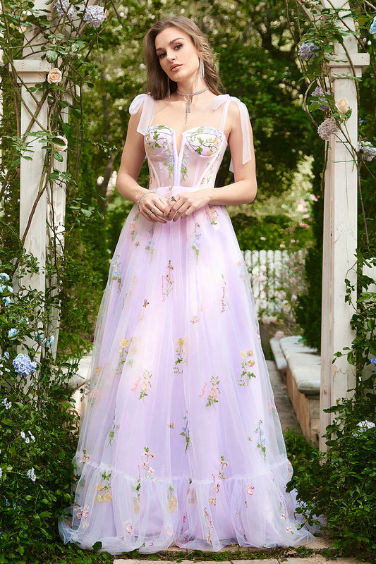 Robe de bal longue corset brodée lilas coupe trapèze
