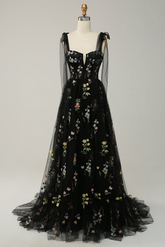 Black Embroidered Corset Long Prom Dress