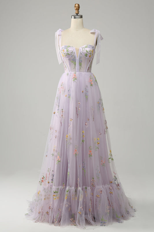 Robe longue de bal corset brodé lilas