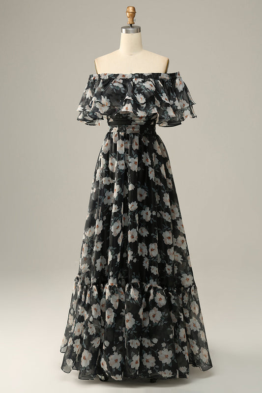 Robe de bal noire sans bretelles à fleurs et épaules dénudées avec bretelles amovibles