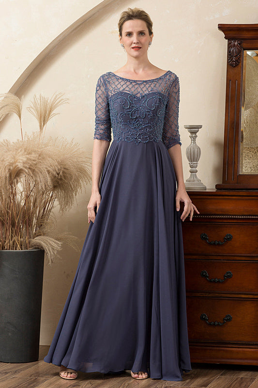 Robe de Mère de la Mariée Bleu Gris Pailletée et Brodée de Perles
