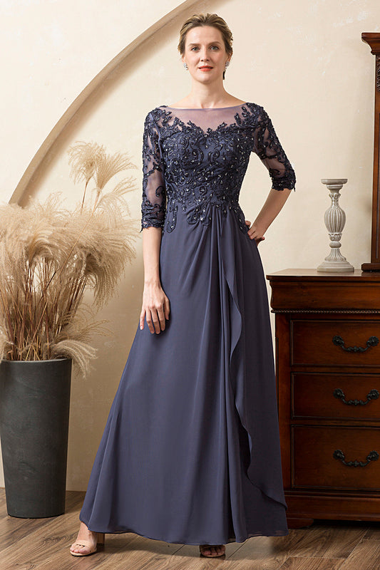 Robe de mère de la mariée en mousseline ornée de perles scintillantes bleu gris