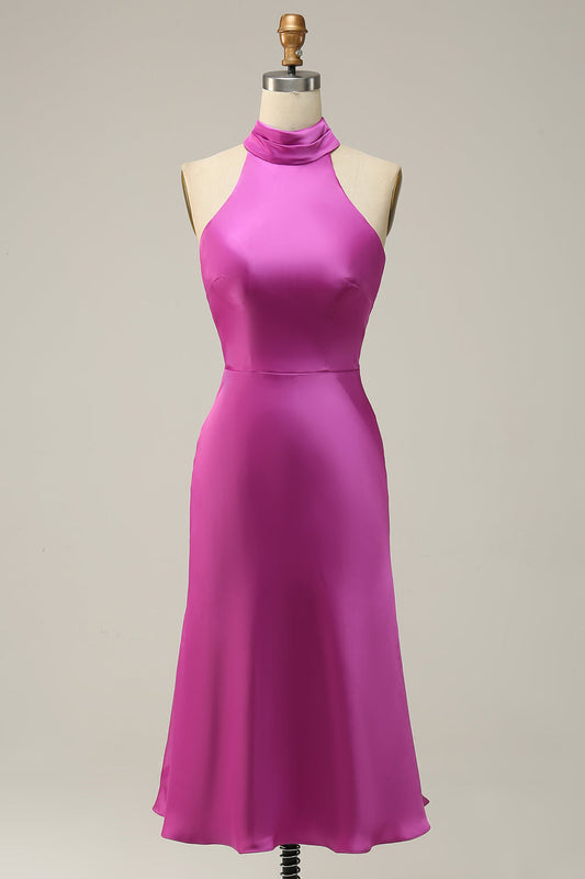 Fuchsia Satin Halter Bridesmaid Dress
