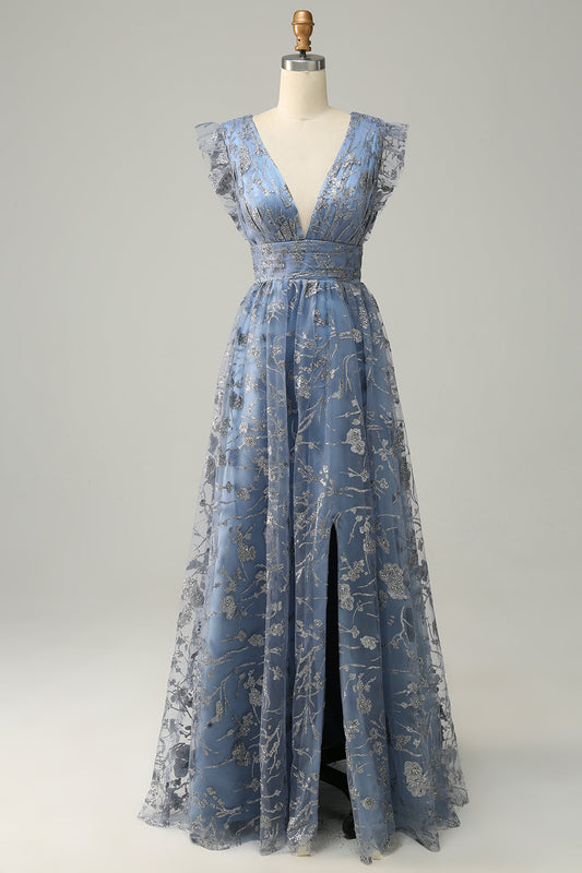 Robe de bal grande taille ligne A, décolleté plongeant, bleu gris, avec broderies