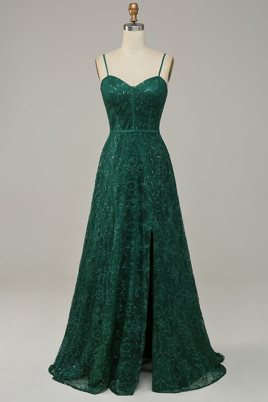 Robe de bal corset vert foncé en dentelle à fines bretelles