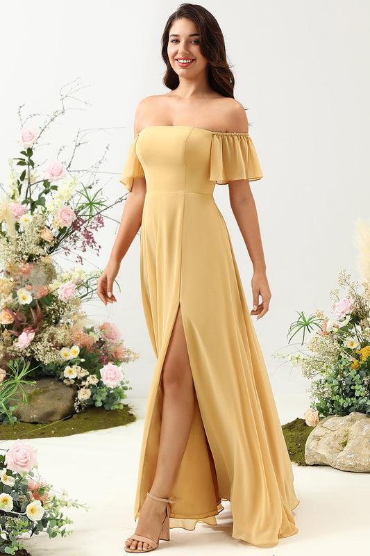 A-Line Off-the-Shoulder Yellow Long Bridesmaid Dress