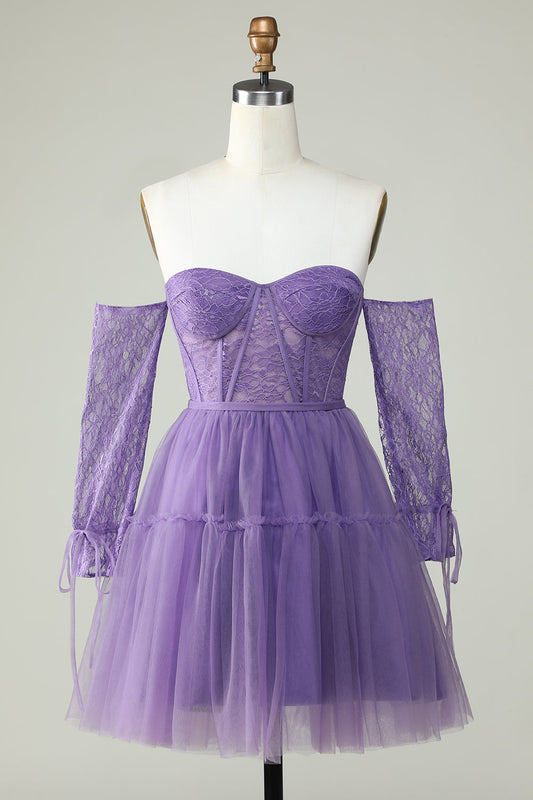 Robe de diplôme corsetée violette à épaules dénudées avec manches longues