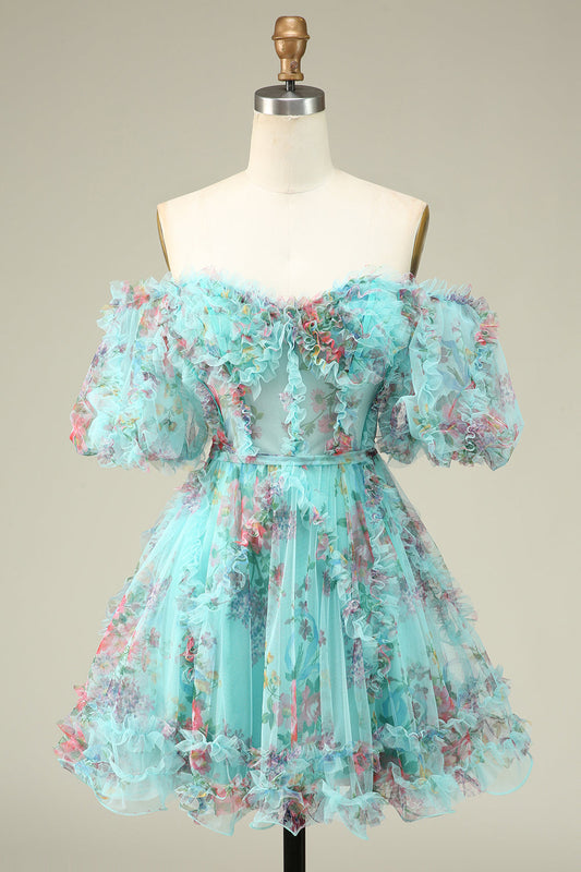 Magnifique robe de bal courte en tulle vert, coupe trapèze, épaules dénudées et manches courtes