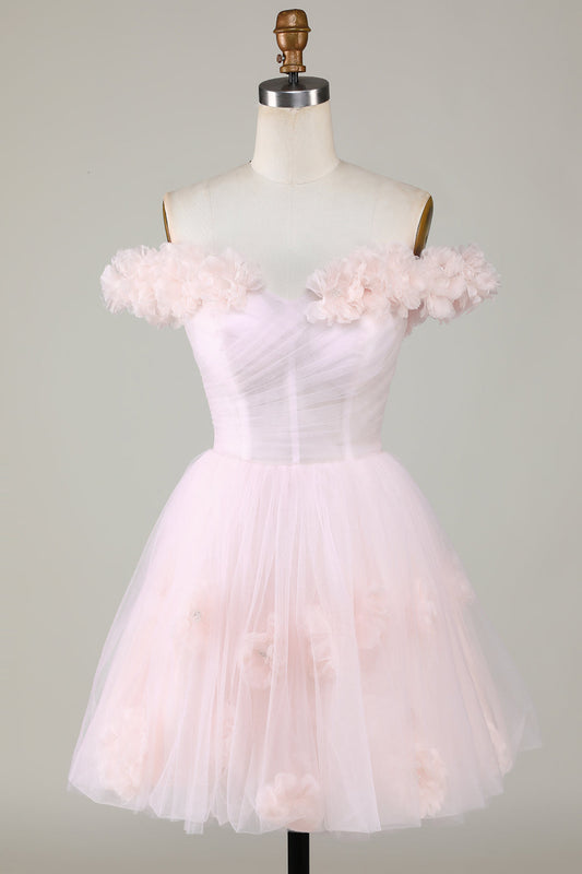 Jolie robe courte de bal de fin d'études rose à fleurs, coupe trapèze et épaules dénudées