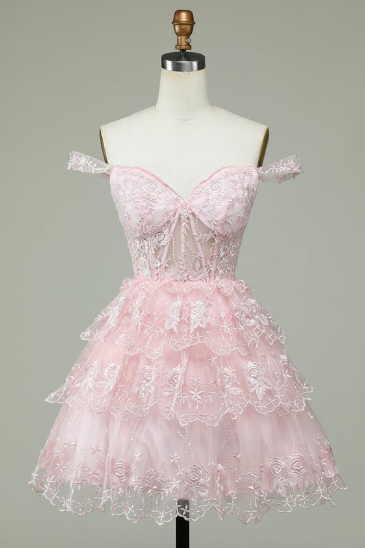 Cute A Line Off the Shoulder Pink Corset Graduation Dress with Lace