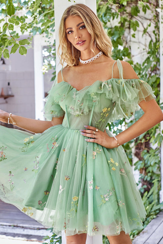 Off the Shoulder Ruffles Tulle Graduation Dress with Embroidery