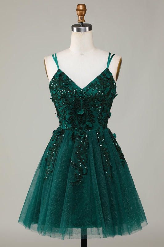 Robe courte de bal de promo trapèze vert foncé à fines bretelles élégante avec appliques et perles
