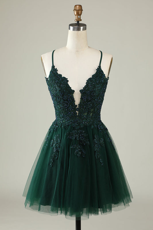 A-line Spaghetti Straps Dark Green Short Graduation Dress with Appliqués
