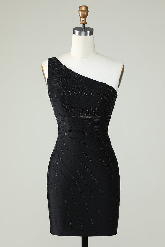 Robe de bal courte noire asymétrique ornée de perles