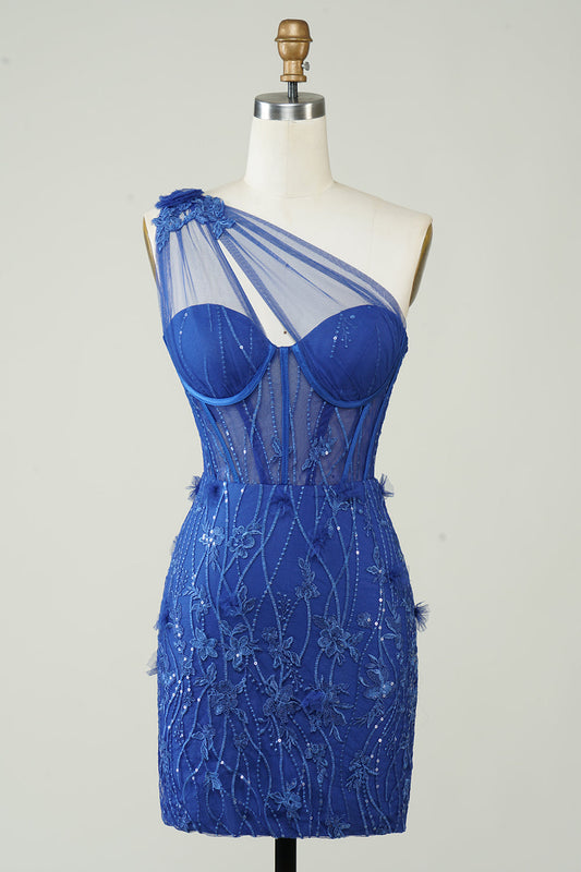 Robe de bal courte bleu roi fourreau asymétrique à une épaule avec appliqués