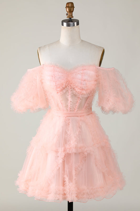 Robe de bal courte trapèze en tulle blush mignon à épaules dénudées