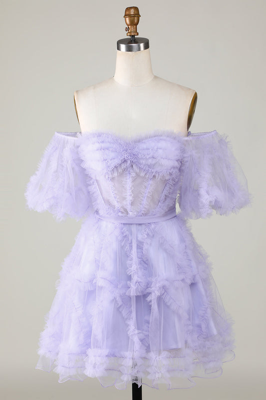 Robe de bal de fin d'année élégante en tulle violet avec corset et épaules dénudées, coupe trapèze