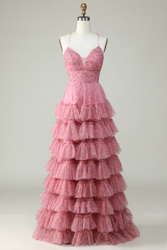 Robe de bal trapèze en tulle rose à fines bretelles et à imprimé floral