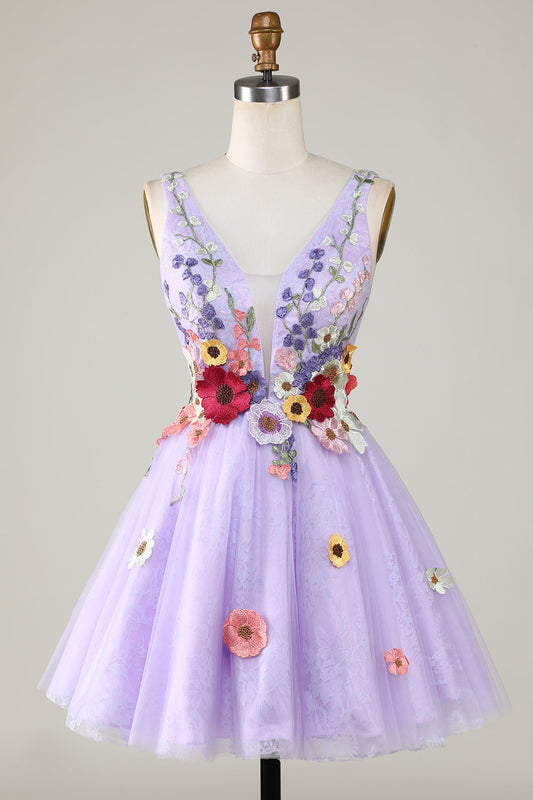 Robe de bal de fin d'études violette à encolure en V profond et dos nu avec des fleurs 3D