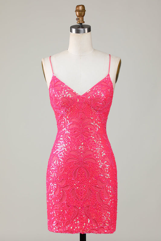 Robe courte moulante de bal de fin d'année, ornée de perles, couleur fuchsia scintillante