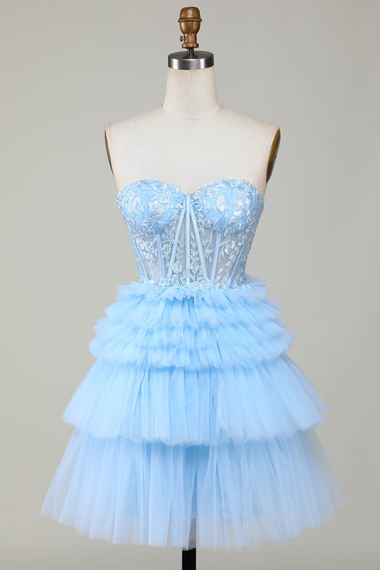 Mignonne robe de bal courte bleue en corset ligne A cœur avec volants