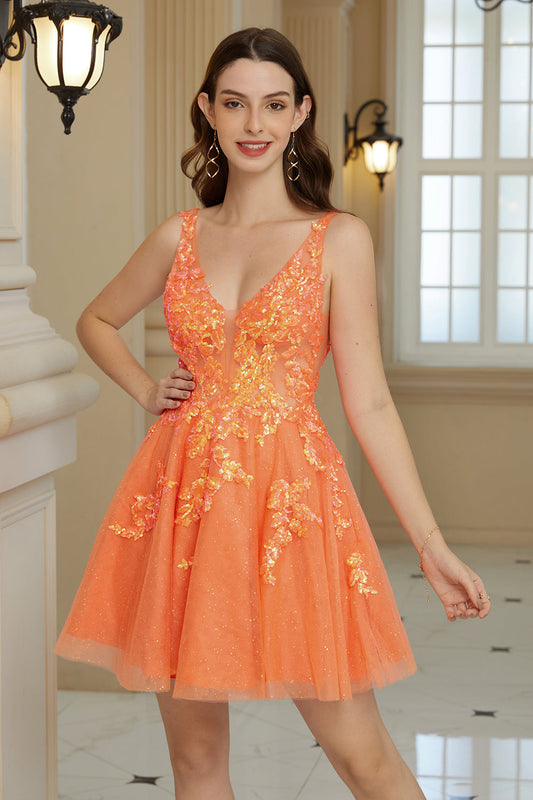 Robe de bal orange trapèze scintillante avec sequins