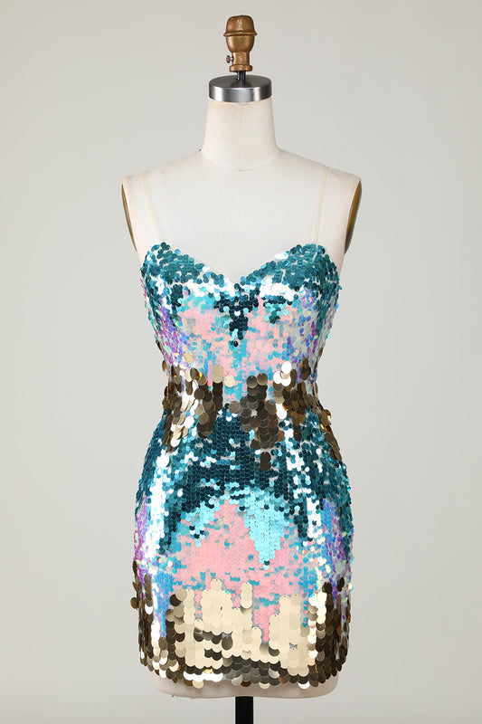 Robe de bal courte moulante en sequins bleus scintillants