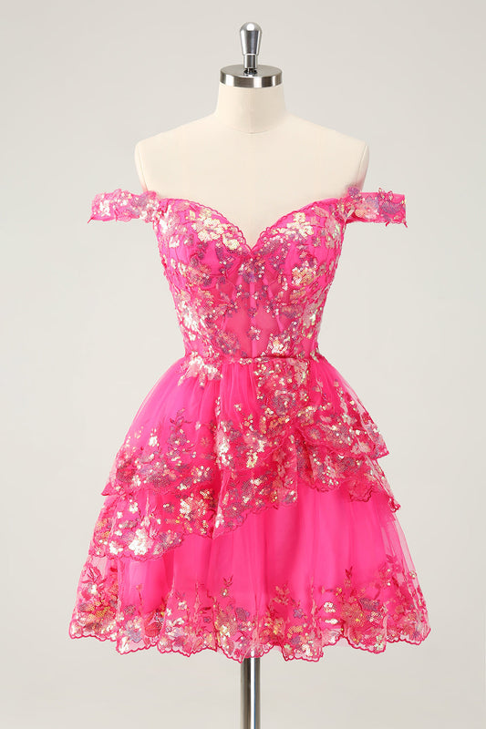Jolie Robe Courte de Soirée Rose Vif Scintillante avec Corset en Dentelle et Jupe Trapèze Étagée