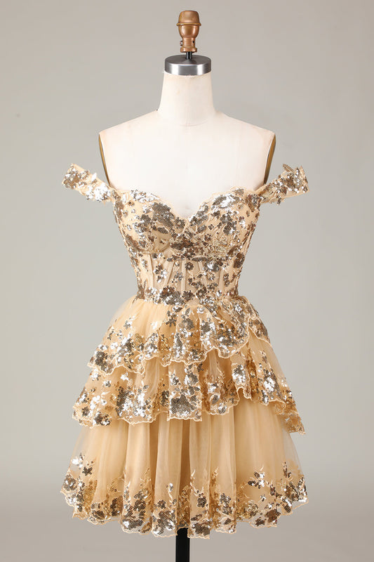 Robe courte de bal de fin d'année dorée scintillante à corset avec jupe étagée en dentelle coupe trapèze