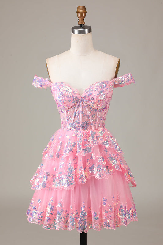 Robe de soirée courte trapèze en dentelle à volants corset rose scintillant
