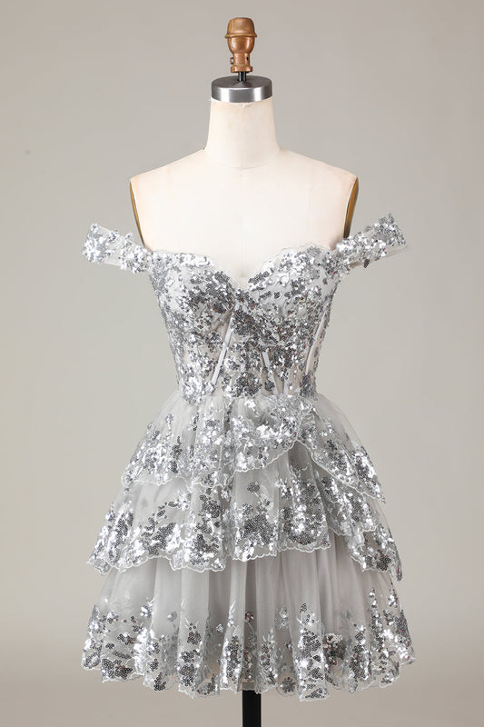 Robe courte de bal de fin d'année trapèze en dentelle à plusieurs niveaux corset pailleté argenté