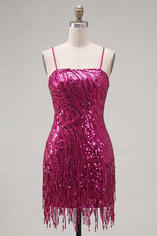 Fuchsia Sheath Spaghetti Straps Sequins Homecoming Dress with Lace Up Back
