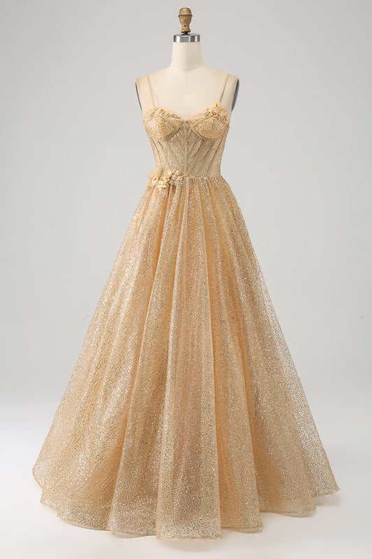 Glitter Gold Corset Long Prom Dress with Flowers