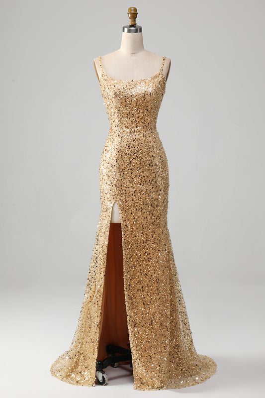 Vestido de Fiesta de Sirena Dorada con Tirantes Finos, Lentejuelas y Abertura