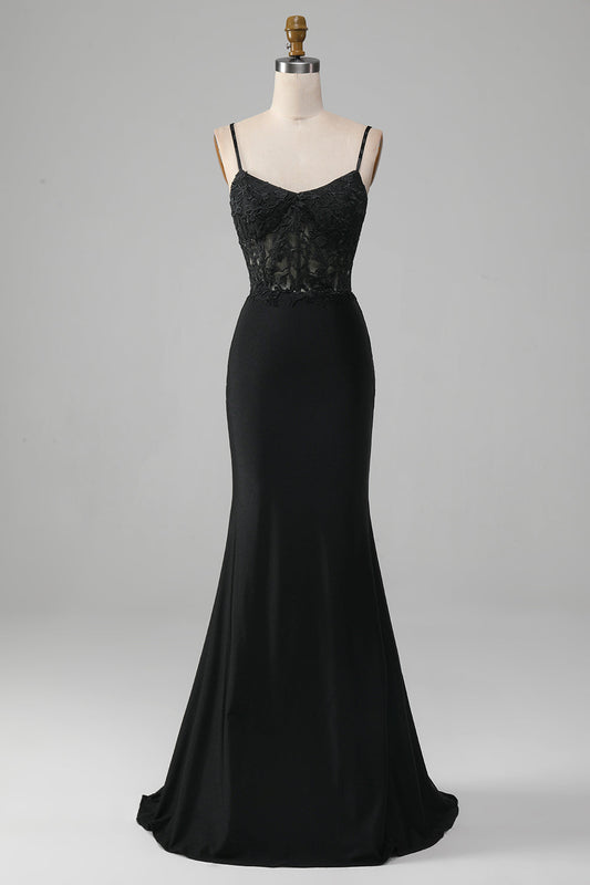 Black Mermaid Spaghetti Straps Corset Prom Dress with Appliques