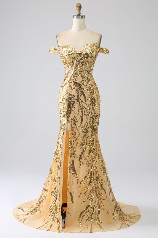 Sparkly Mermaid Off-The-Shoulder Golden Corset Prom Dress with Slit