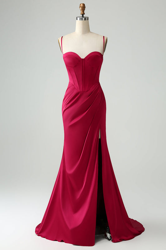 Robe de bal longue sirène bordeaux à bretelles spaghetti, corset et fente