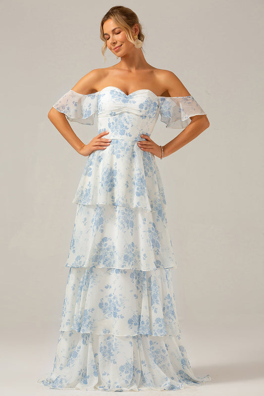 Robe longue de demoiselle d'honneur bohème en mousseline volantée à fleurs blanches et bleues
