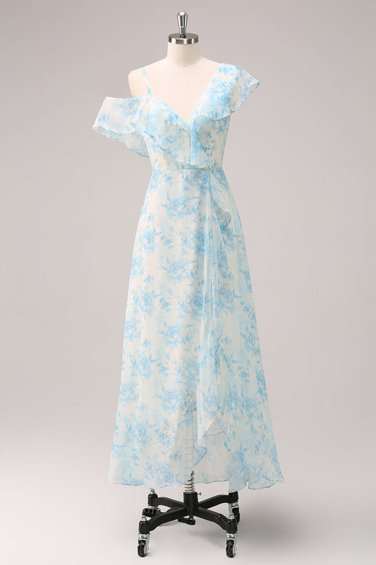 Robe de Demoiselle d'honneur Élégante en Mousseline à Fleurs Blanches et Bleues, Coupe A-Line, avec Fente