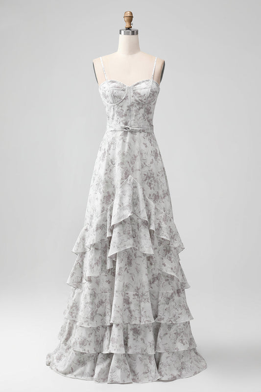 Robe de demoiselle d'honneur A-line à bretelles spaghetti, fleurs blanches et marron, avec volants