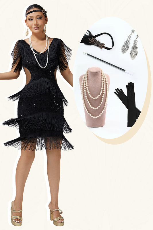 Robe Noire Années 20 Col V Moulante Étages Franges Paillettes avec Ensemble de 5 Accessoires