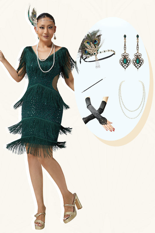 Robe à sequins vert foncé, moulante, à volants et franges style années 20, avec ensemble de 5 accessoires