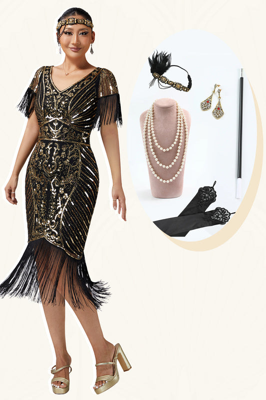 Robe noire moulante à col en V, sequins dorés et franges style années 20, avec ensemble de 5 accessoires