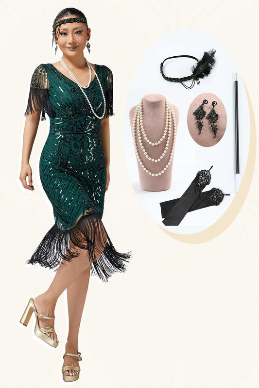 Robe fourreau à paillettes vert foncé, à franges style années 20, avec ensemble de 5 accessoires