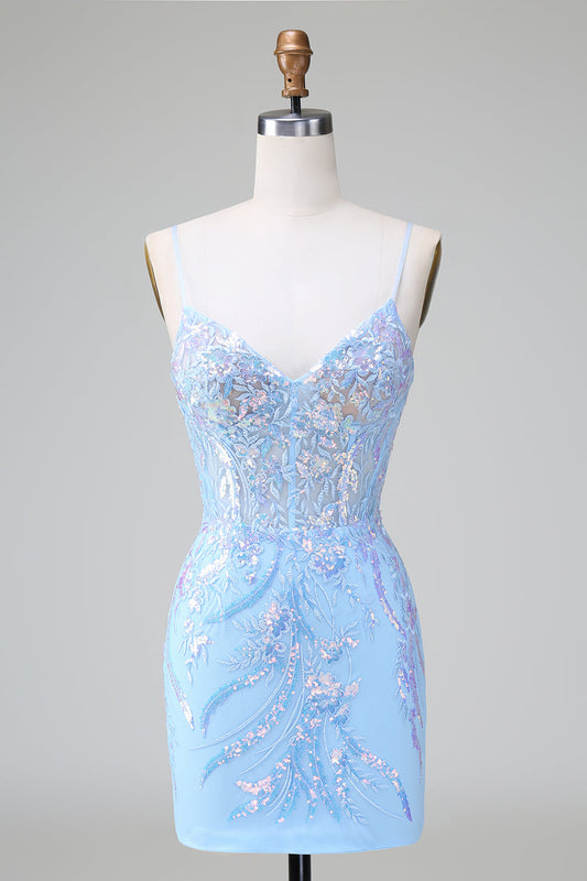 Robe de soirée courte à corset en sequins bleus, dos ouvert et broderies