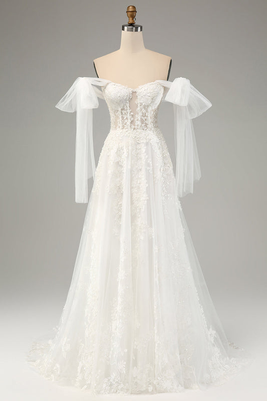 Princess White A-Line Lace-Up Tulle Corset Wedding Dress with Appliqué Lace