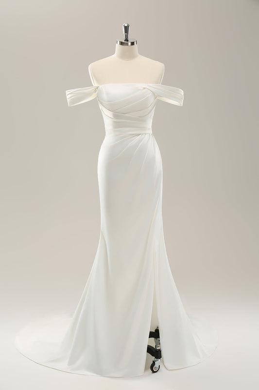 Robe de mariée sirène blanche en satin plissé avec fente et épaules dénudées