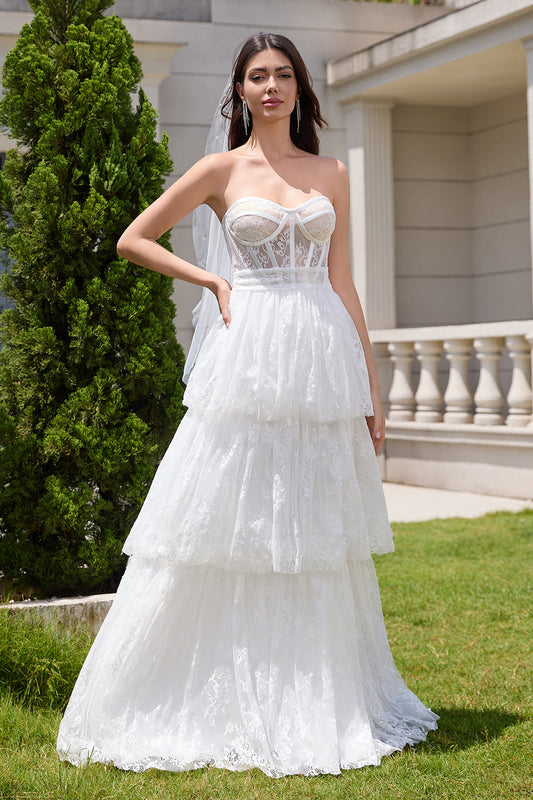Robe longue de soirée de mariage élégante, blanche, bustier, corset et volants, avec dentelle