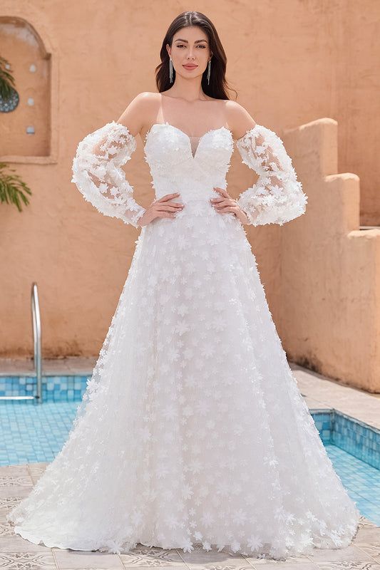 Robe de mariée blanche trapèze en dentelle appliquée, avec col en cœur et manches amovibles