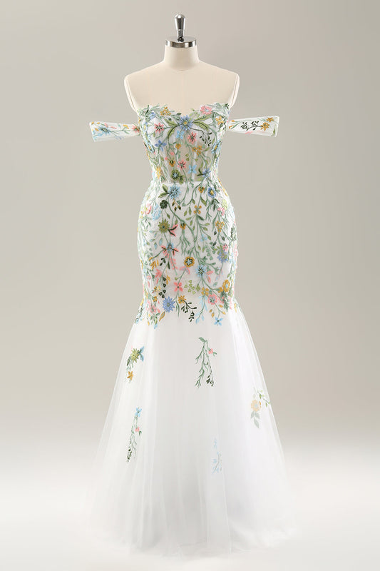 Robe de mariée bustier à épaules dénudées avec fleurs et corset, coupe sirène blanche